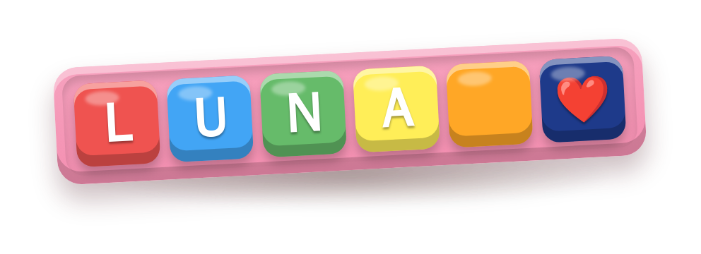 Klik & Mix klikbordje: roze bakje met gekleurde klikkers die LUNA spellen, met een hartje